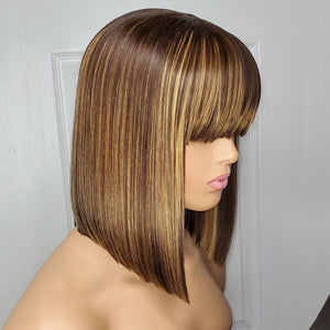 Bone Straight Highlight Color Top Bob Wig With Bangs
