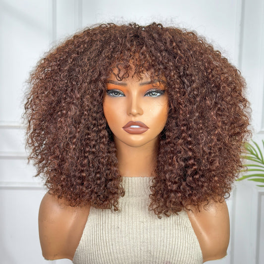 Fringe Wig- Long Lasting Burmese Curl 12 inch Brown color with 250% Density