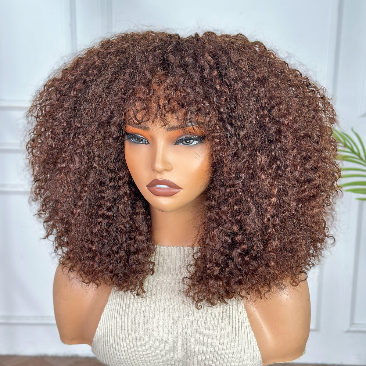 Fringe Wig- Long Lasting Burmese Curl 12 inch Brown color with 250% Density