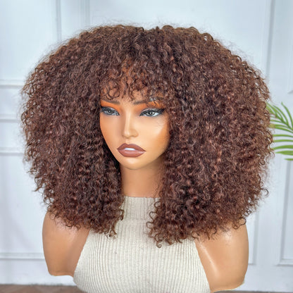 Fringe Wig- Long Lasting Burmese Curl 12 inch Brown color with 250% Density