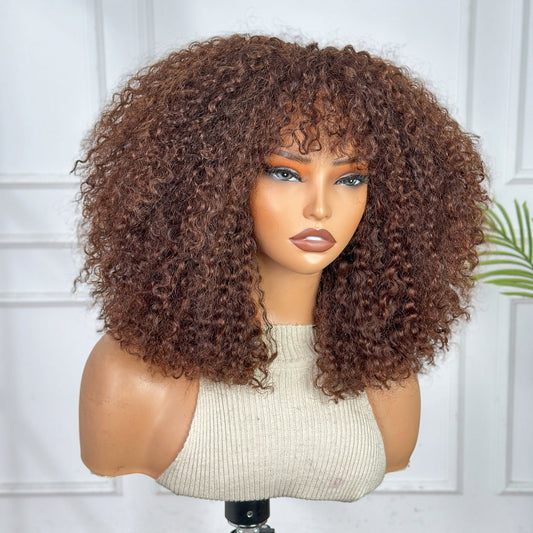 Fringe Wig- Long Lasting Burmese Curl 12 inch Brown color with 250% Density