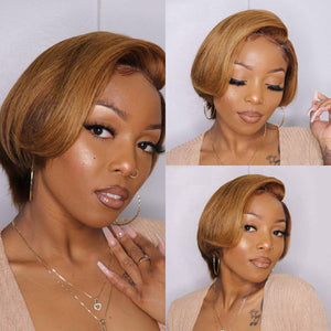 Ombre Brown Color Pixie Cut Lace Closure Wig With Dark Roots