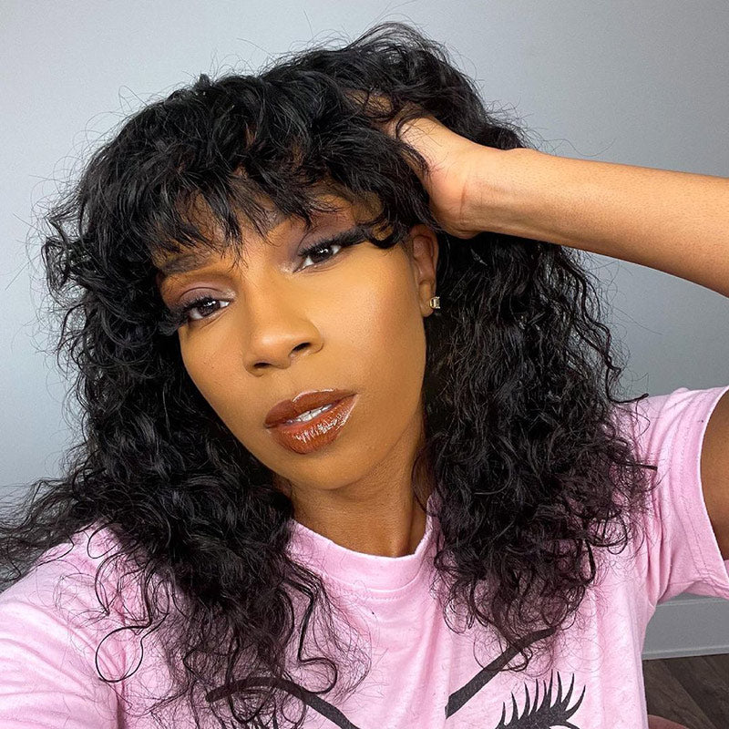 Shoulder-Grazing Curly Wig with Wispy Bangs